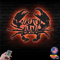 Custom Name Crab Metal Sign, Fishing Metal Led Wall Sign, Wall decor, Fishing Lover Metal LED Decor
