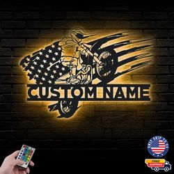 Personalized US Flag Motocross Metal Sign, Motorcycle Led Wall Sign, Wall decor, Motor Rider Metal LED Decor
