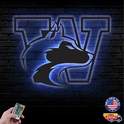 Washington Huskies Mascot Metal Sign, NCAA Logo Metal Led Wall Sign, Washington Huskies Wall decor, LED Metal Wall Art