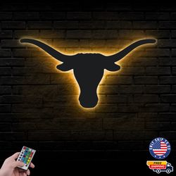 Texas Longhorns Mascot Metal Sign, NCAA Logo Metal Led Wall Sign, Texas Longhorns Wall decor, LED Metal Wall Art