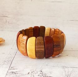 Wooden juniper bracelet with elastic band multi-colored wood stripes Boho style ethnic jewelry
