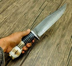Custom Made Heavy Duty Bowie Knife , Hand Forged Hunting Stag Horn Handled Knife , With Leather Sheath , Gift For Him ,