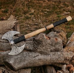 Double-Headed Viking-themed Battle Axe with Leather Sheath Gift for him, Birthday Present, Anniversary Gift,
