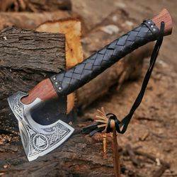 Custom Gift Forged Carbon Steel Viking Axe with Rose Wood Shaft,Viking Bearded Camping Axe.