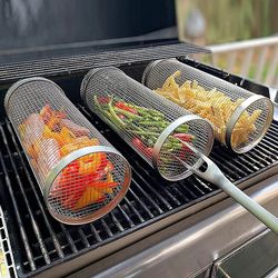 BBQ Basket Stainless Steel Rolling Grilling Basket Wire Mesh Cylinder Grill
