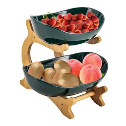 2 Tier Fruit Basket for Kitchen Countertop Vegetable Fruit Bowl Bamboo Rack Home