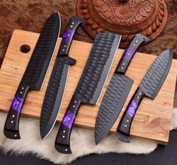 5Pcs Hand Forged Carbon Steel, Steel Knife set, Chef Knife Set,, Gift For Husband kitchen knife set Black Powder Coated