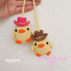 cowboy duckling crochet pattern pdf, amigurumi baby duck with cowgirl hat mini crochet, car hanger duck crochet