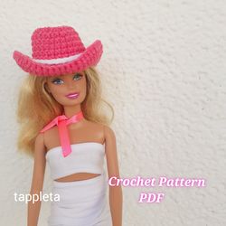 cowgirl hat crochet pattern, pink cowboy hat, small cowgirl hat pink for 11.5" doll, western style hat crochet pattern