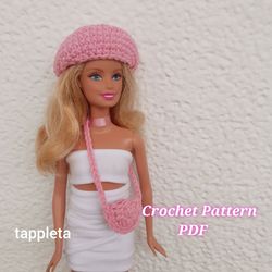 pink beret and crossbody bag crochet pattern, 11,5" doll pink beret hat, small crochet bag crochet pattern pdf
