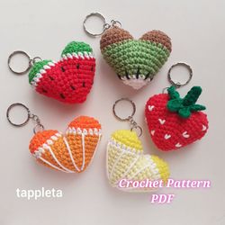 Fruit and Berry hearts keychains crochet pattern, Valentines crochet 5 in 1, Amigurumi berry crochet pattern keychain