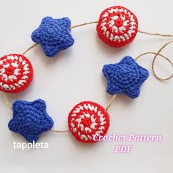 4th of July garland crochet pattern, Blue stars and white red USA flag patriotic wall hanging, American Flag Garland