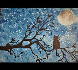 Cat painting Cat under the moon cats Cat drawing at night Original painting Cat Wall art Black cat Original art Cat Wall