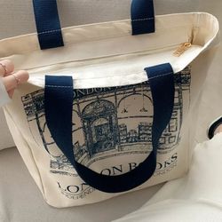 Women Canvas Shoulder Bag - London Books Print - Ladies Casual Handbag Tote Bag - Reusable Large Capacity Cotton Shoppin