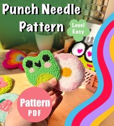 Car Coaster Flower and Frog Pattern Punch Needle, Digital Pattern, Punch Needle Template, Cute Home Decor, Car Decor