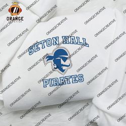 NCAA Embroidered Sweatshirt, NCAA Seton Hall Pirates Mascot Embroidered Shirt, Seton Hall Pirates Embroidered Hoodie