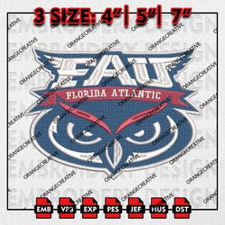 Florida Atlantic Owls Logo Emb files, NCAA Embroidery Designs, 3 size, NCAA Florida Atlantic Machine Embroidery Digital