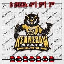 Kennesaw State Owls NCAA Mascot Logo Emb files, NCAA Embroidery Designs, 3 size, NCAA Team Machine Embroidery Digital