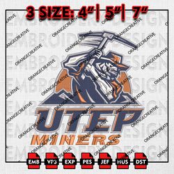 UTEP Miners NCAA Logo Emb files, NCAA Embroidery Designs, 3 size, NCAA UTEP Miners Team Machine Embroidery Digital