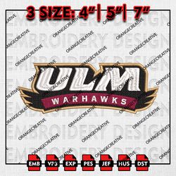 UL Monroe Warhawks Writing Logo Emb files, NCAA Embroidery Designs, 3 size, NCAA UL Monroe Machine Embroidery Digital