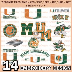 14 Miami Hurricanes Logo Bundle Emb files, NCAA Miami Embroidery Designs, Bundle NCAA Machine Embroidery Digital