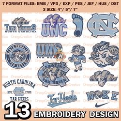 13 North Carolina Tar Heels Logo Bundle Emb files, NCAA Embroidery Designs, Bundle NCAA Machine Embroidery Digital