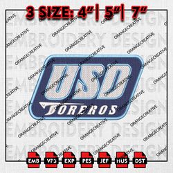 San Diego Toreros Word Logo Emb Designs, NCAA Embroidery Files, NCAA San Diego Toreros Mascot Machine Embroidery