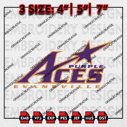 Evansville Purple Aces NCAA Logo Emb Design, NCAA Embroidery Files, NCAA Evansville Purple 3 sizes Machine Embroidery