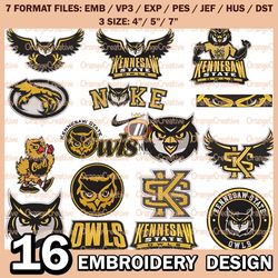 16 Kennesaw State Owls Logo Bundle Emb files, NCAA Kennesaw Embroidery Designs, Bundle NCAA Machine Embroidery Digital