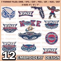 12 Florida Atlantic Owls Logo Bundle Emb files, NCAA Bundle Embroidery Designs, NCAA Logo Machine Embroidery Digital