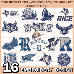 16 Rice Owls Logo Bundle Emb files, NCAA Rice Owls Bundle Embroidery Designs, NCAA Logo Machine Embroidery Digital