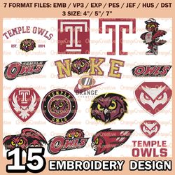 15 Temple Owls Logo Bundle Emb files, NCAA Temple Owls Bundle Embroidery Designs, NCAA Logo Machine Embroidery Digital