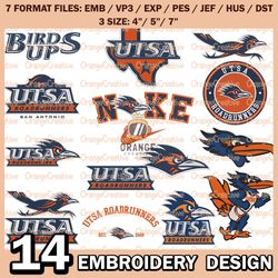 14 UTSA Roadrunners Logo Bundle Emb files, NCAA Bundle Embroidery Designs, NCAA Logo Machine Embroidery Digital