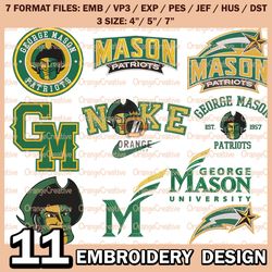 11 George Mason Patriots Logo Bundle Emb files, NCAA Team Bundle Embroidery Designs, NCAA Logo Machine Embroidery
