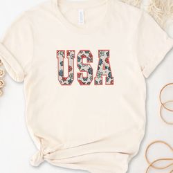 USA America Flower Pattern Embroidered Tee, 4th Of July Embroidered Sweatshirt, Girly Embroidered Hoodie, Gift For Her