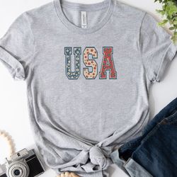 4th Of July Embroidered Tee, USA Flower Pattern Embroidered Sweatshirt, Girly Embroidered Hoodie, Gift For Her