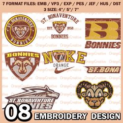 8 St Bonaventure Bonnies Logo Bundle Emb files, NCAA Team Bundle Embroidery Designs, NCAA Logo Machine Embroidery