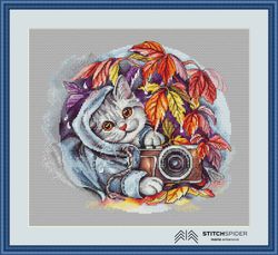 autumn photoshoot with a ca counted cross stitch pattern, pdf, cssaga file, needlepoint cross stitch cat, xstitch autumn