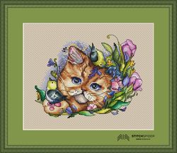 may evening counted cross stitch pattern, stitch flowers, pdf, cssaga, needlepoint cross stitch cat, xstitch animal