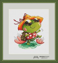 the little frog traveller counted cross stitch pattern, stitch frog, pdf, cssaga, needlepoint cross stitch, xstitch kids