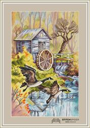 autumn mill counted cross stitch pattern, pdf, cssaga file, needlepoint cross stitch water mill, cross stitch wild geese