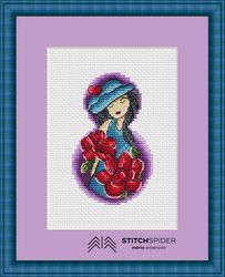 lady with red flowers counted cross stitch pattern pdf, cssaga, cross stitch lady, xstitch flowers, stitch flowers