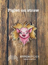 piglet on straw counted cross stitch pattern pdf, cssaga, stitch piglet, xstitch leaf, xstitch animal, stitch little pig