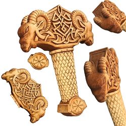 Handmade Wooden Bull Face Carved Ragnar Mjolnir, Thor's Hammer, Nordic God Asatru Thor Hammer Cosplay, Medieval, Hatchet