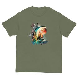 Sailboat and Moon Men Classic Tee Watercolor Painting Graphic Design T-Shirt Art Clothes