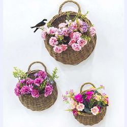 Handmade Wicker Rattan Flower Planter - Wall Hanging Wicker Rattan Basket - Garden Vine Pot Plants Holder