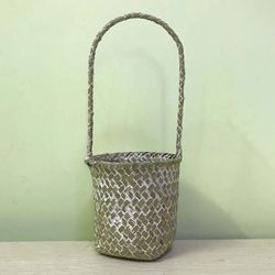 1PC Natural Straw Woven Flowerpot - Handmade Plant Containers - Household Long Handle Sundries Storage Basket - Home Dec