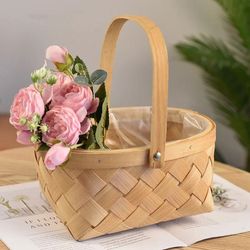 Flower Basket - Rattan Hand Woven Storage Basket With Handle - Photo Props Home Sundries Organizer Supplies - Picnic Sto