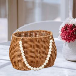 Imitation Rattan Basket Flower Basket - Artificial Pearl Handle - Stylish Appearance - Versatile Picnic Basket for Lotio