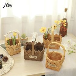 Wood Chip Hand Woven Basket - Flowers Basket - Wicker Baskets Decorative Fruit Snack Bread Vegetable Basket - For Organi
